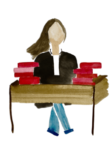 Dessin à l'aquarelle d'une avocate brune en robe d'avocate derrière un bureau, avec des livres rouges de chaque côté