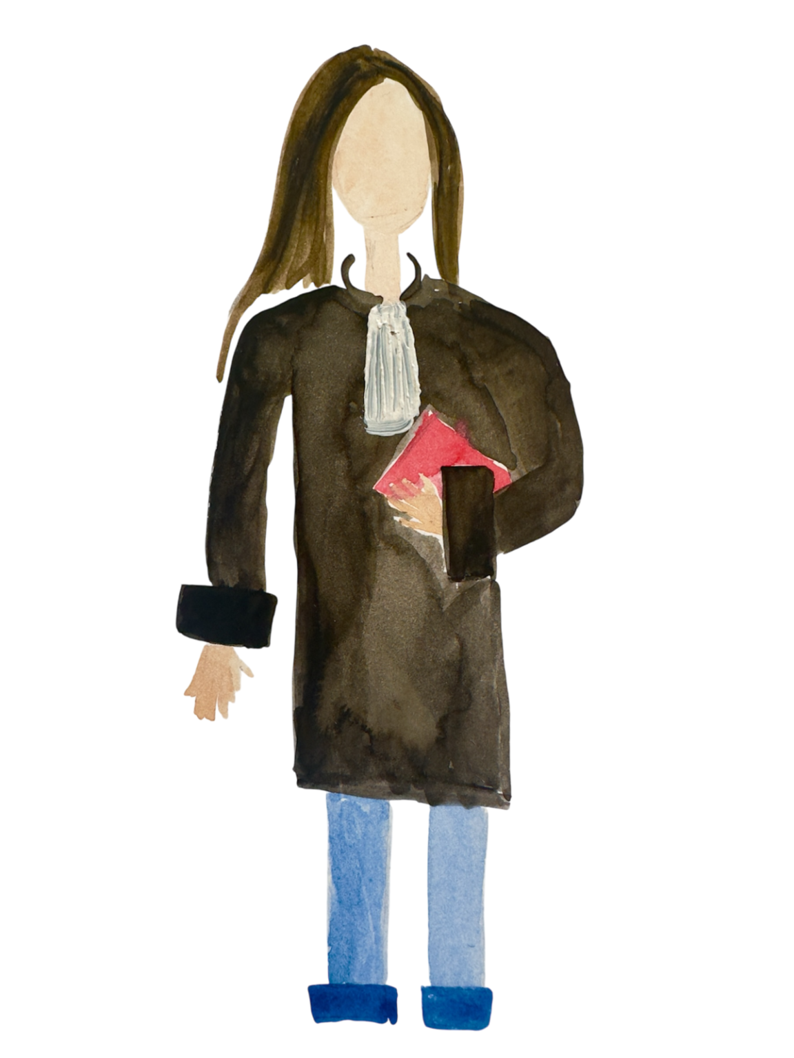 Dessin à l'aquarelle d'une avocate brune, portant la robe d'avocat, avec un cahier rouge dans la main, illustrant une scène professionnelle dans le domaine juridique.