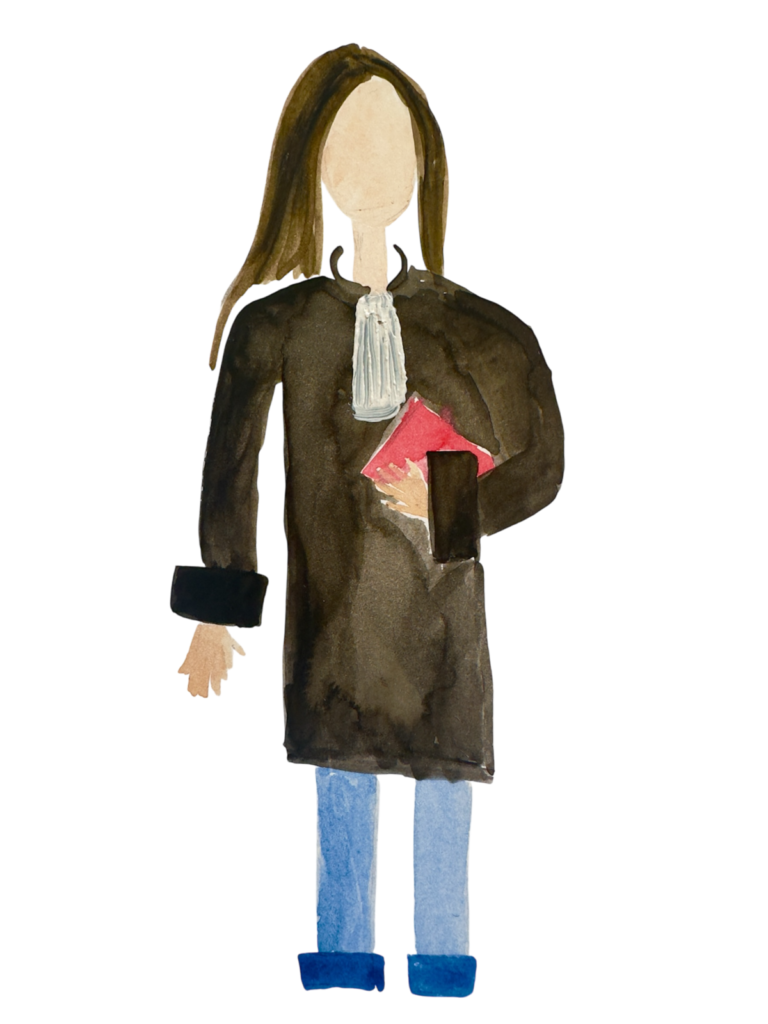 Illustration à l’aquarelle d’une avocate postulant au Barreau de Bordeaux, en robe d’avocat, tenant un dossier rouge, représentant l’activité de postulation à Bordeaux devant le Tribunal judiciaire et les juridictions du ressort.