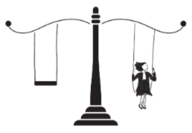 Illustration représentant une balance de justice. Sur l'un des plateaux de la balance, à droite, une avocate est assise sur une balançoire. Le nom "Lola MICHEL, Avocat" est inscrit à droite de l'image.