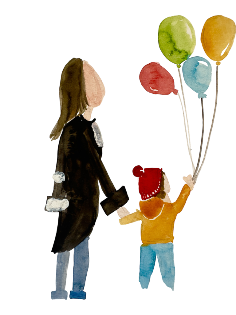 Illustration artistique, à l'aquarelle, représentant une avocate en robe noire tenant la main d’un enfant vêtu d’un bonnet rouge et tenant des ballons colorés. L’image symbolise l'accompagnement