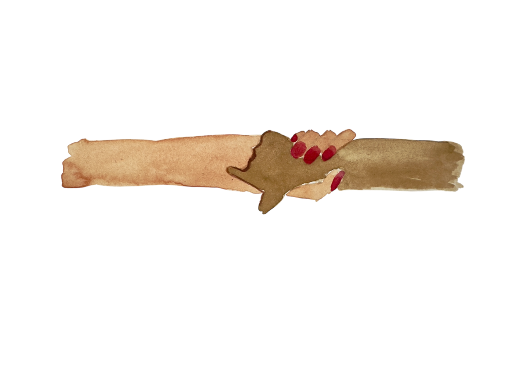 Cette illustration artistique dépeint une scène symbolique de soutien et de solidarité, où une main repose délicatement sur une autre. Les teintes chaudes et naturelles, dominées par des nuances de brun et de beige, évoquent la simplicité, l’authenticité et les valeurs humaines. Les ongles rouges apportent une touche vibrante, symbolisant la force, la passion et la détermination. Ce visuel transmet un message universel d’entraide, d’humanité et de connexion. Idéal pour illustrer des thèmes liés à l’accompagnement, à la résilience ou aux relations humaines.