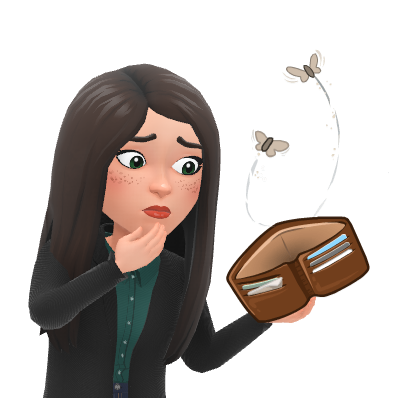 Illustration d'une femme inquiète découvrant son portefeuille vide, avec des papillons s'en échappant – symbole de perte d'argent ou de situation financière difficile, souvent associée à une fraude bancaire ou une arnaque.