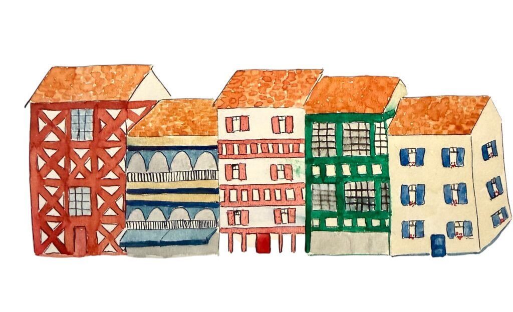 Dessin à l’aquarelle de maisons basques représentant un logement locatif, en lien avec la gestion des loyers impayés et les litiges locatifs.