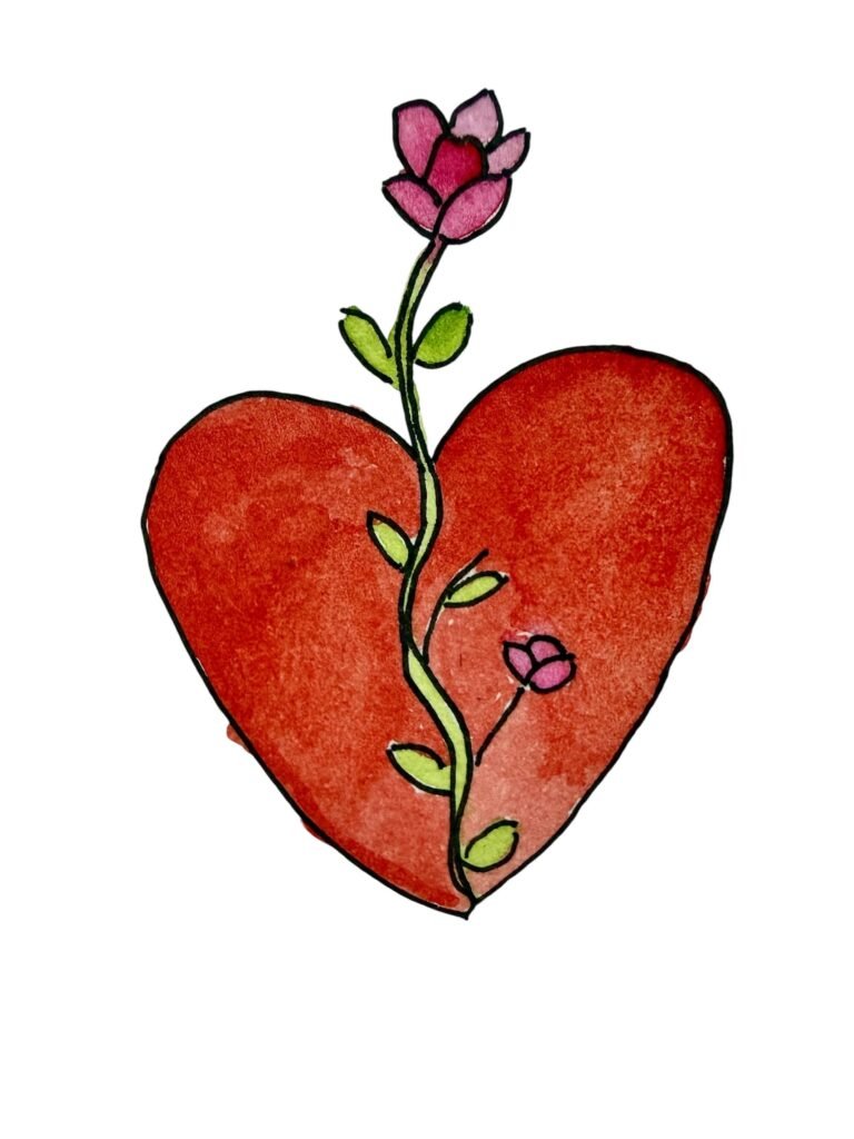 Illustration d’un cœur rouge traversé par une fleur en train de pousser, symbole d’un divorce apaisé et d’une séparation respectueuse accompagnée par une avocate de Bordeaux en droit de la famille.