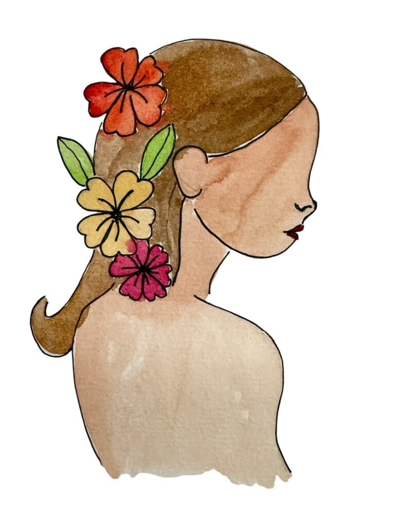 Illustration d’une femme avec des fleurs dans les cheveux symbolisant la force et la résilience des femmes – avocate à Bordeaux engagée dans la défense des droits des femmes et des victimes de violences.