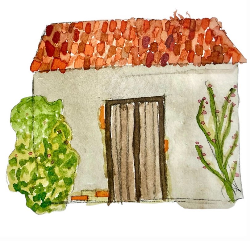 Aquarelle de maison avec toit en tuiles et jardin, illustration d’un bien immobilier dans le cadre d’une procédure de référé expulsion ou de litige locatif.