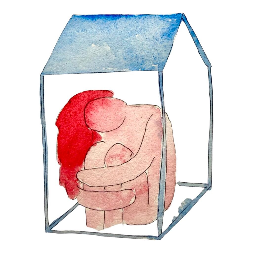 Illustration symbolisant une ordonnance de protection contre les violences conjugales : une femme vulnérable, repliée sur elle-même, est protégée à l'intérieur d'une maison bleue représentant la sécurité et la protection juridique offertes aux victimes de violences au sein du couple. Cette image évoque l'accompagnement des victimes de violences conjugales par une avocate en droit de la famille à Bordeaux et les mesures d'urgence destinées à protéger les femmes et leurs enfants.